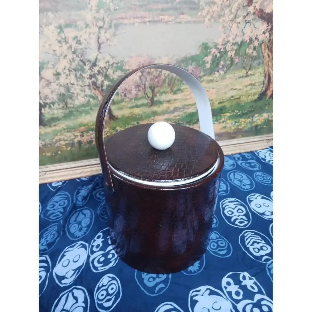 Vintage Ice Bucket Faux Lizard Print Brown White